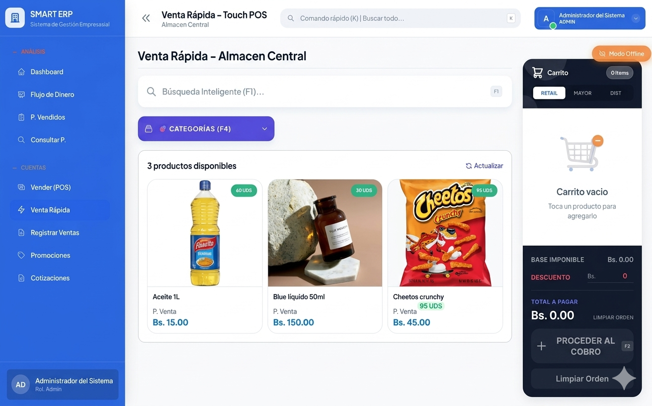 Versión táctil y simplificada de Ventas POS, ideal para pantallas Touch. Su Motor de búsqueda  indexado hace que la búsqueda de productos y transacciones sean rápidas y confiables.