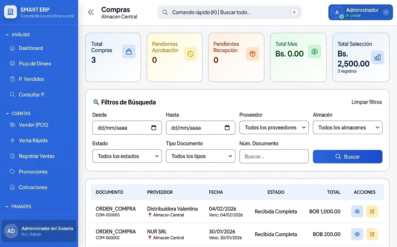  Módulo de abastecimiento estratégico. Gestione órdenes de compra a proveedores, actualice sus costos de adquisición y  mantenga su almacén siempre surtido con inteligencia de datos.